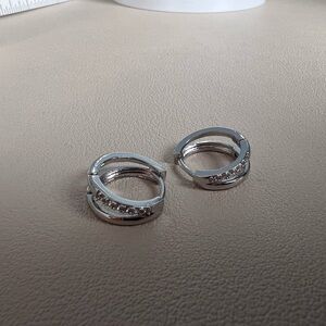 Silver stainless steel hoop earrings with cubic zirconia